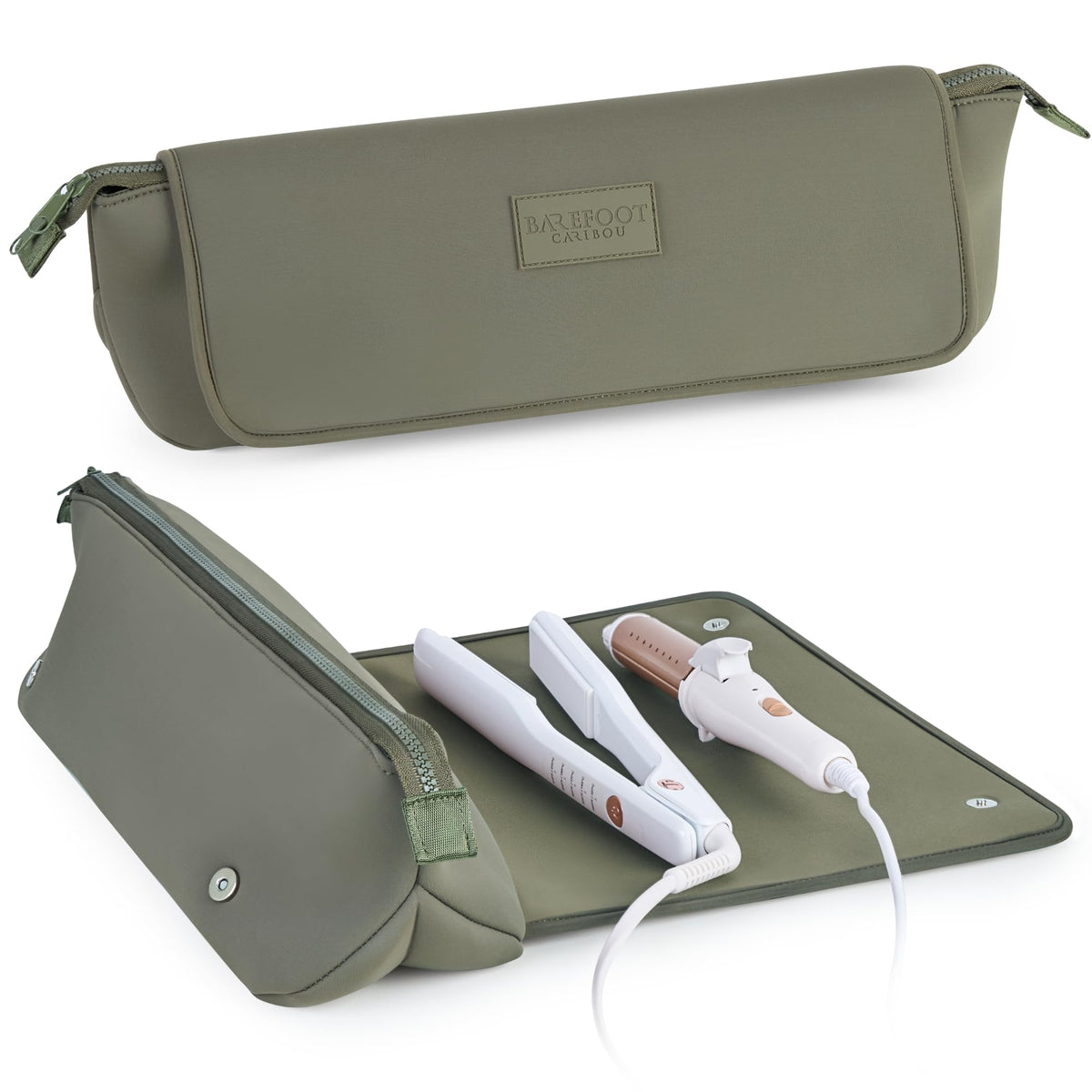 BAREFOOT CARIBOU front view showing compact olive travel bag and easy packing