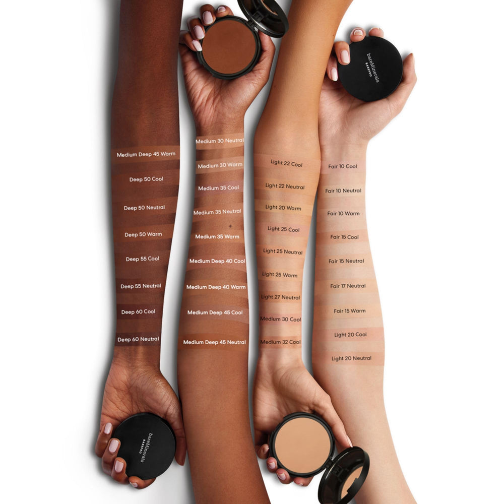 bareMinerals foundation swatch on forearm showing Fair 15 Warm shade match clarity