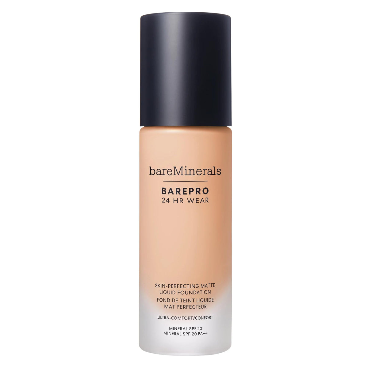bareMinerals BAREPRO front packaging showing shade and pump, clear product information