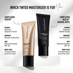 bareMinerals before and after side-by-side showing visible tone evenness benefit: natural finish