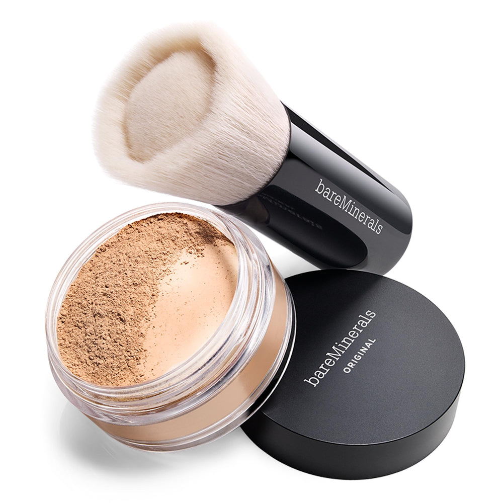 bareMinerals brush applying loose mineral foundation for quick, blended coverage