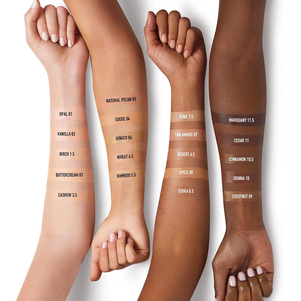 bareMinerals product beside ruler showing 1.18 oz compact size benefit