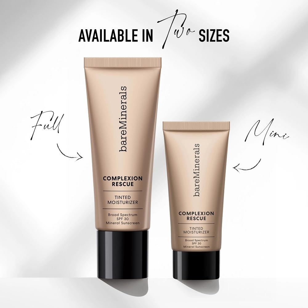 bareMinerals 0.5 oz beside a quarter showing scale benefit: compact travel size