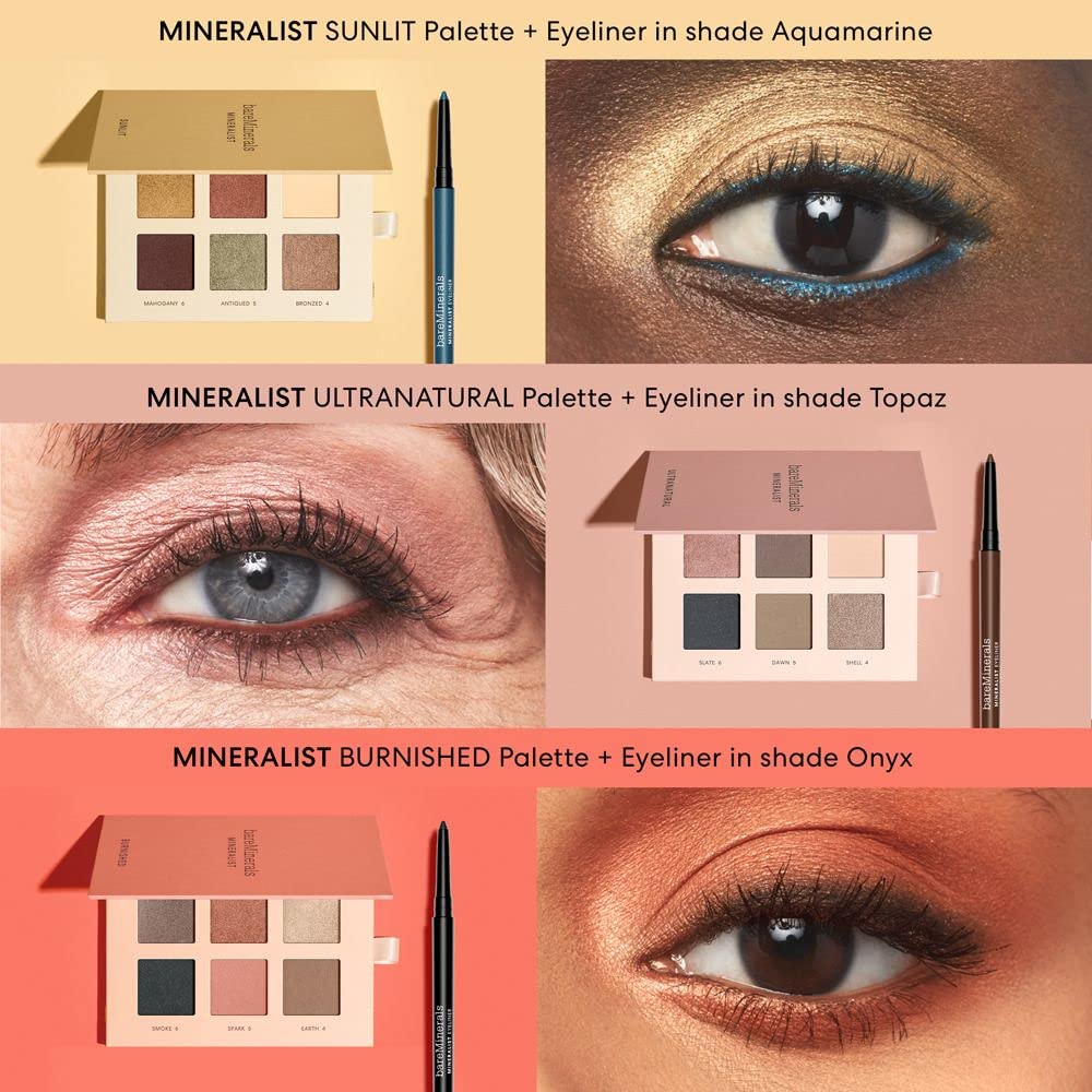 bareMinerals Copper eyeliner next to avocado and aloe visuals illustrating soothing ingredients
