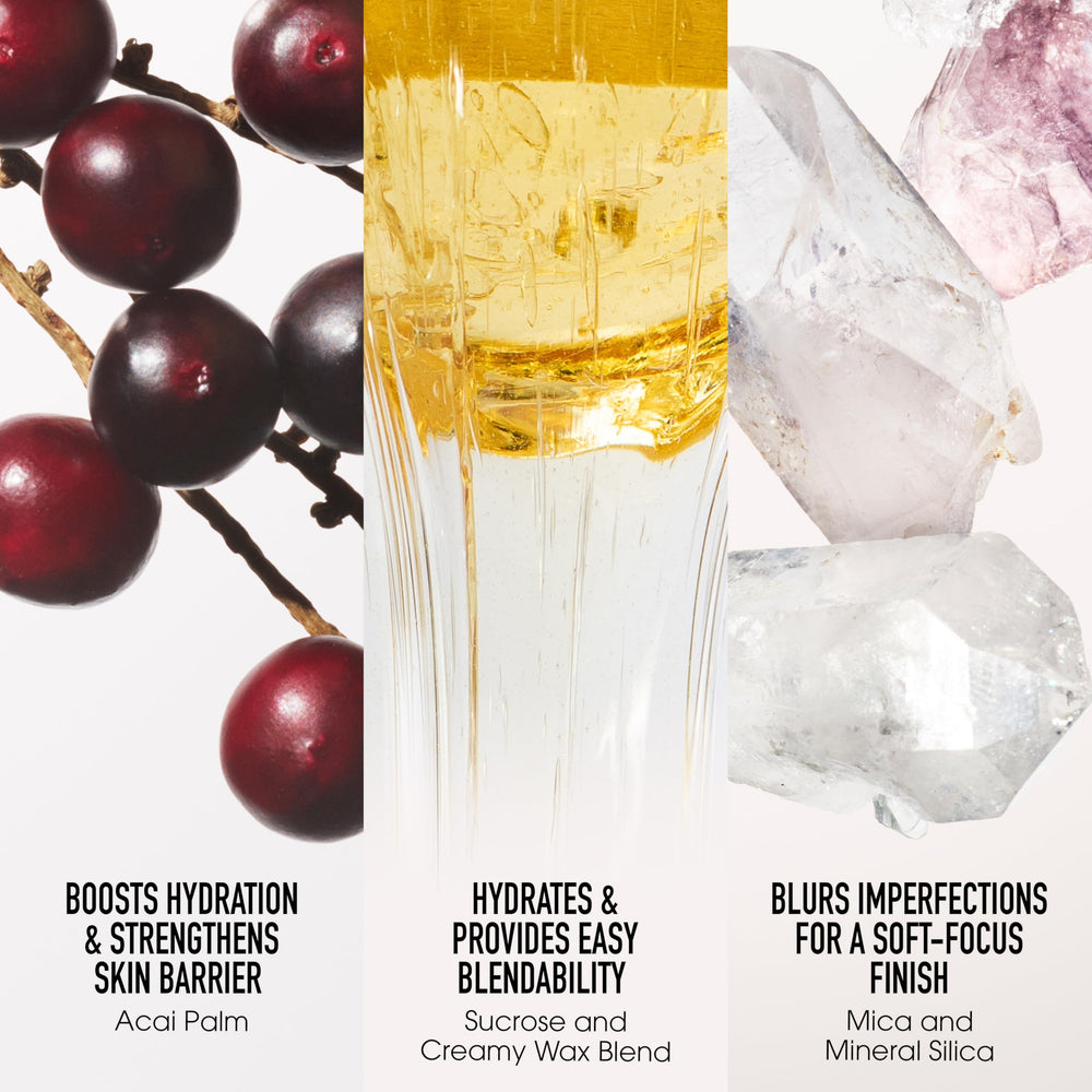 bareMinerals applied to lips for hydrated, buildable berry color