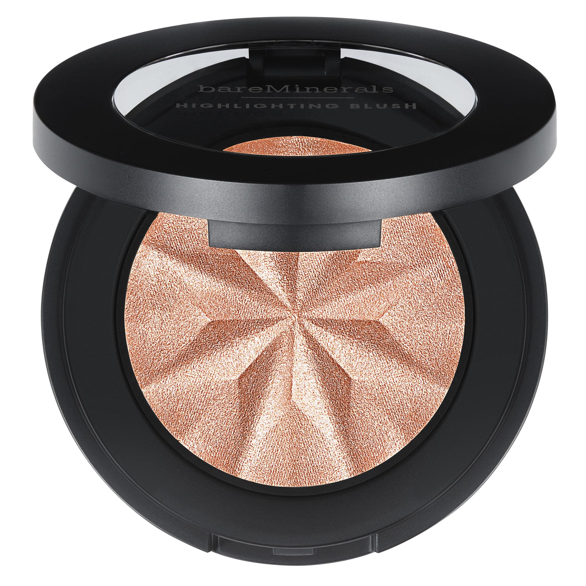 bareMinerals compact front view showing sleek packaging and peach glow shade benefit: quick color