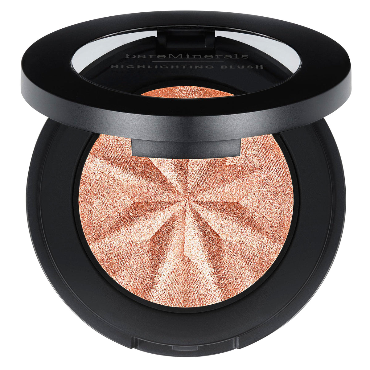 bareMinerals compact front view showing sleek packaging and peach glow shade benefit: quick color