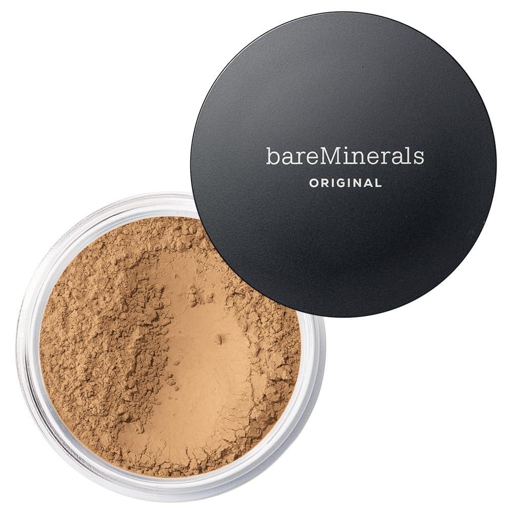 bareMinerals jar front view showing Golden Tan 20 and natural finish benefit