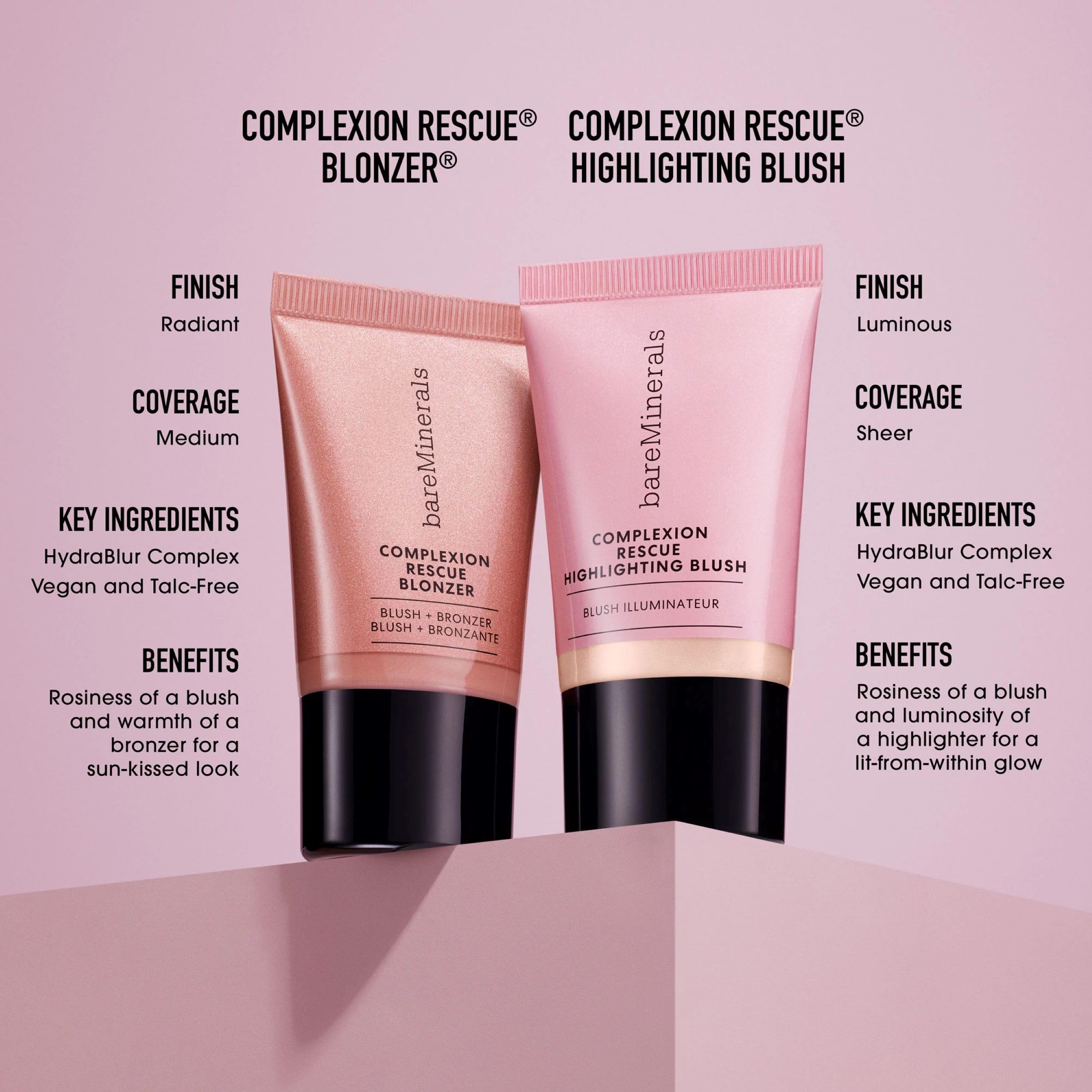 bareMinerals label close-up showing hyaluronic acid and squalane benefits