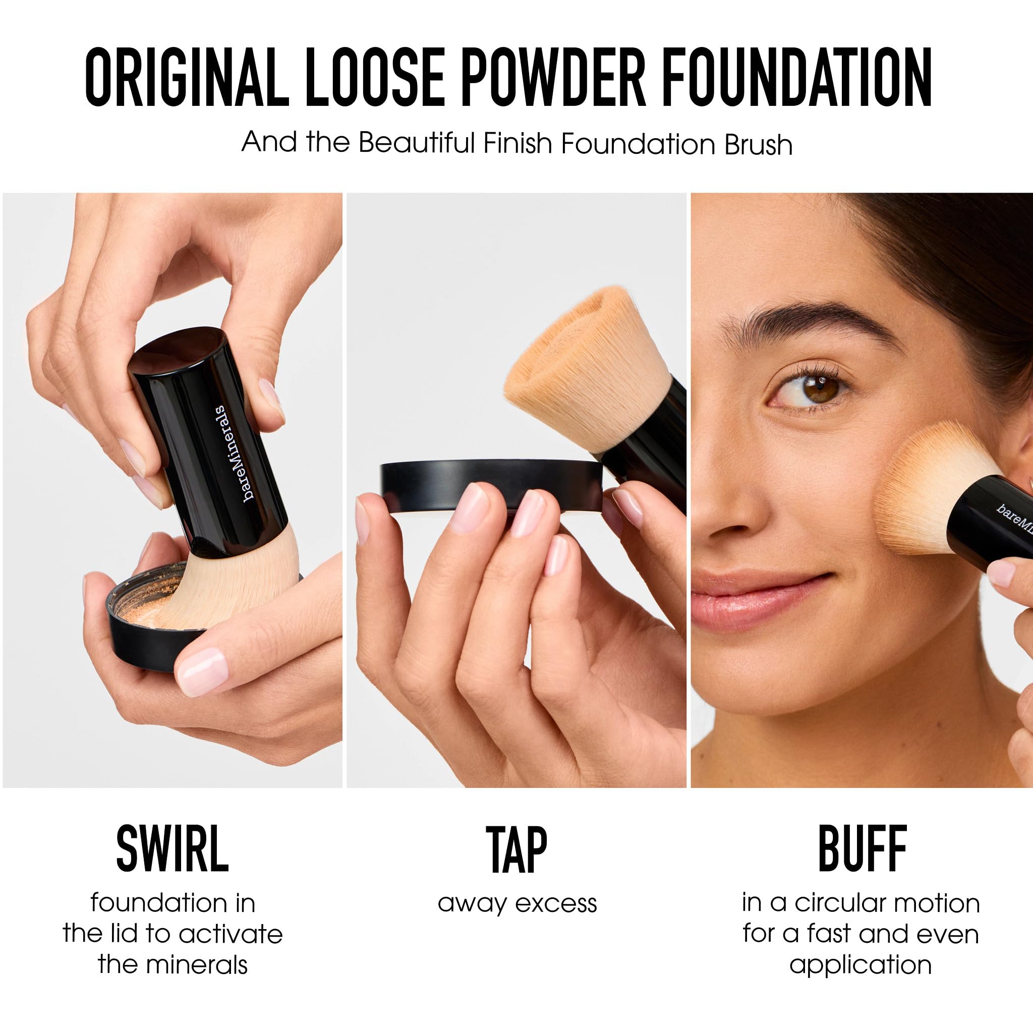 bareMinerals model with natural makeup showcasing luminous, bare-skin look