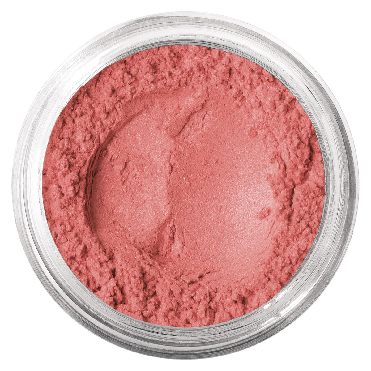 bareMinerals jar front view showing clean packaging and mineral blush shade benefit: clear product ID