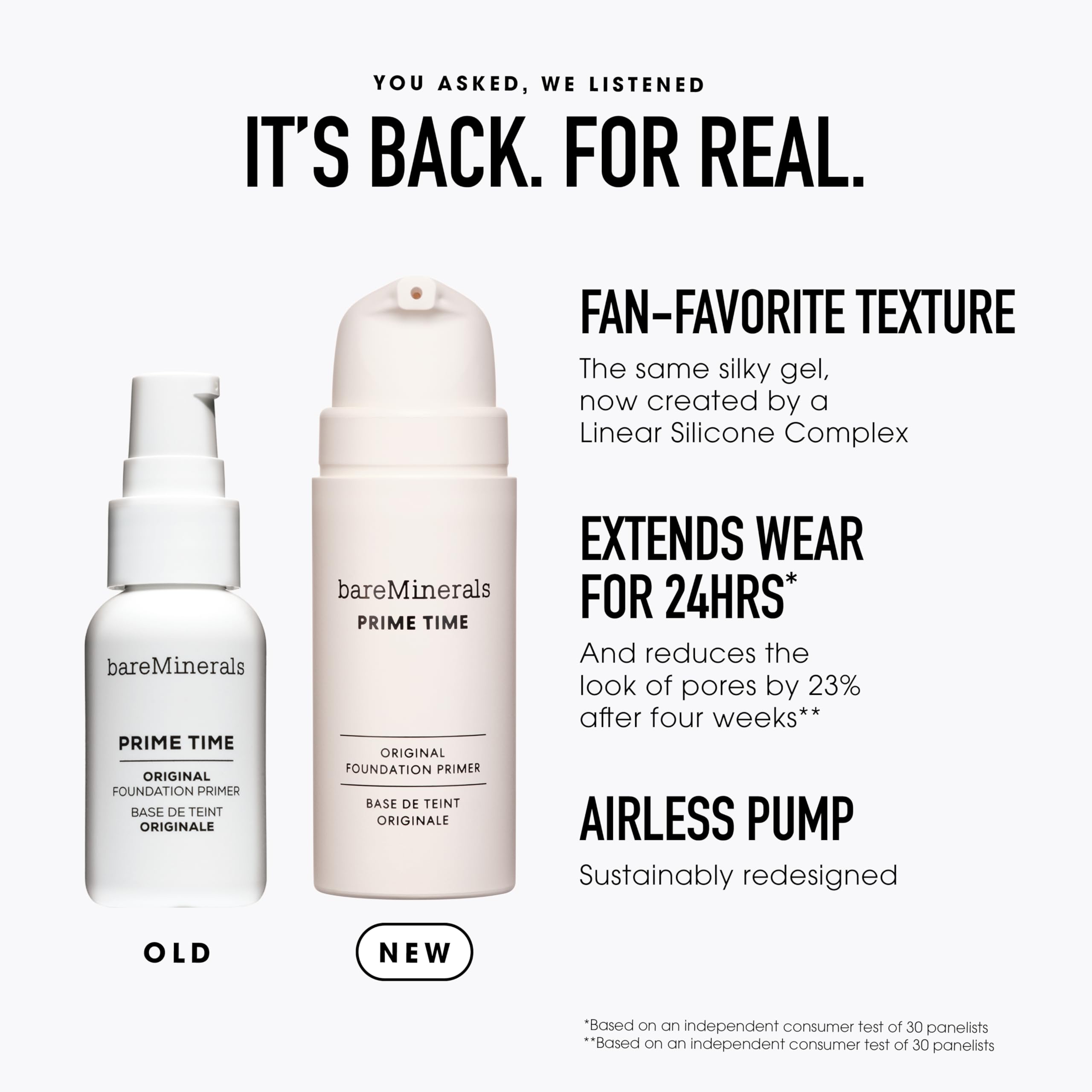 bareMinerals primer applied on hand illustrating smooth blend and quick dry benefit