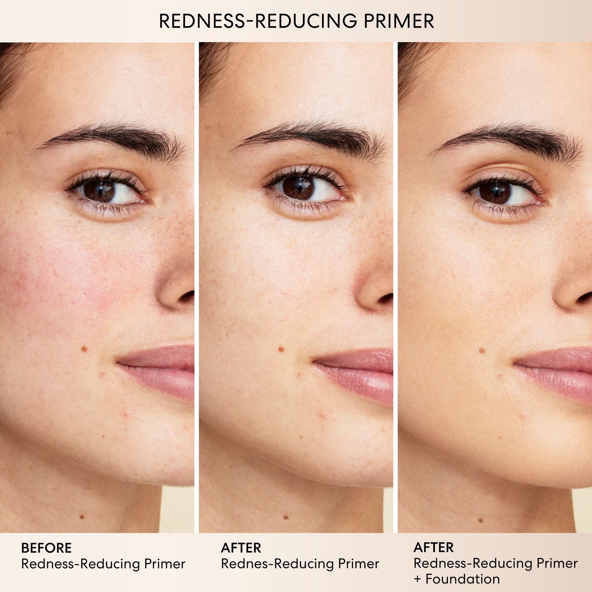 bareMinerals primer applied on cheek illustrating redness reduction benefit