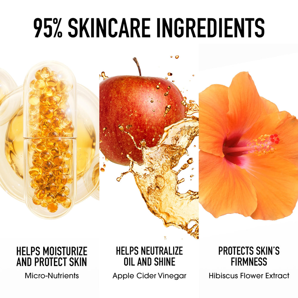 bareMinerals 3.4 fl oz bottle beside everyday items for scale benefit