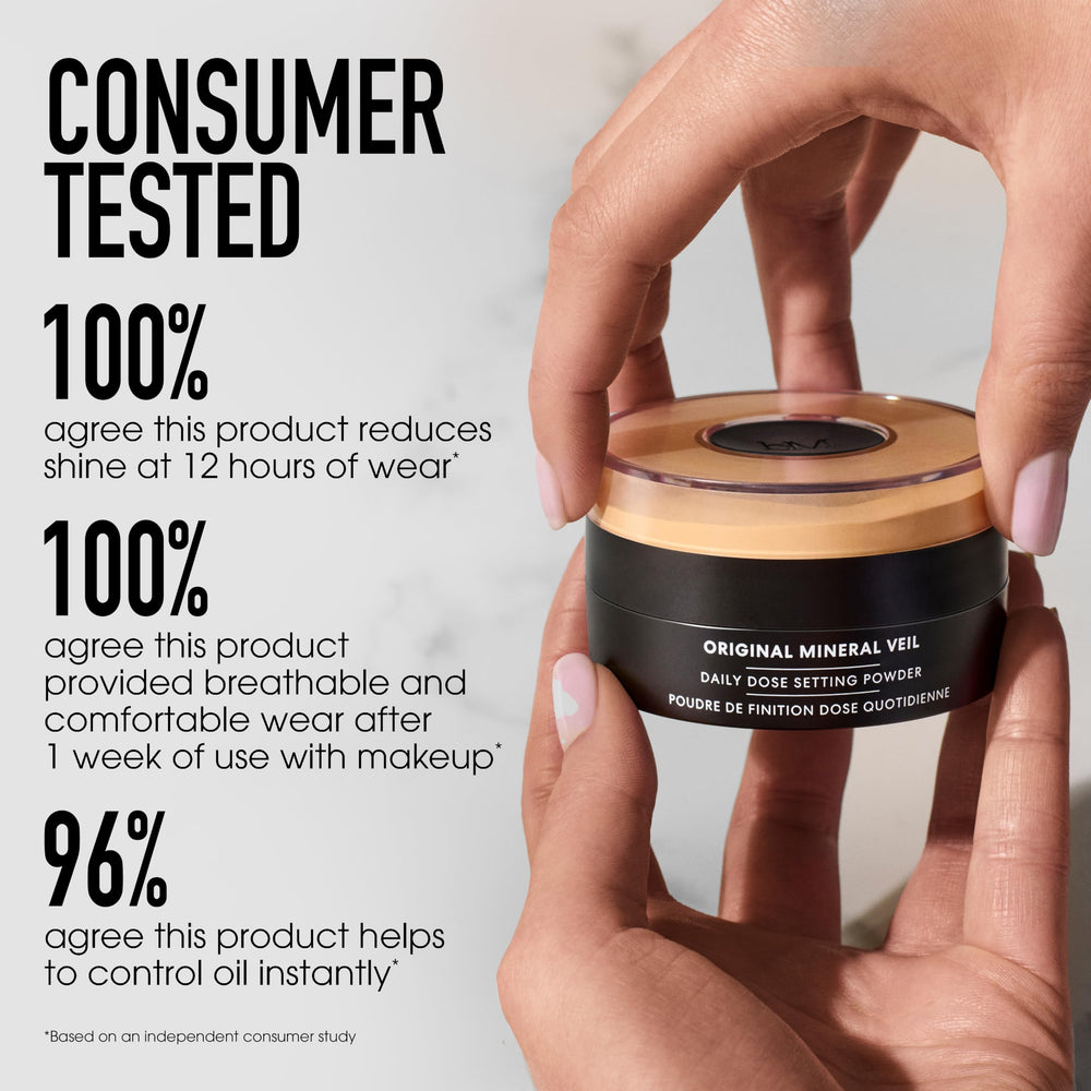bareMinerals jar in hand for scale illustrating travel-friendly benefit