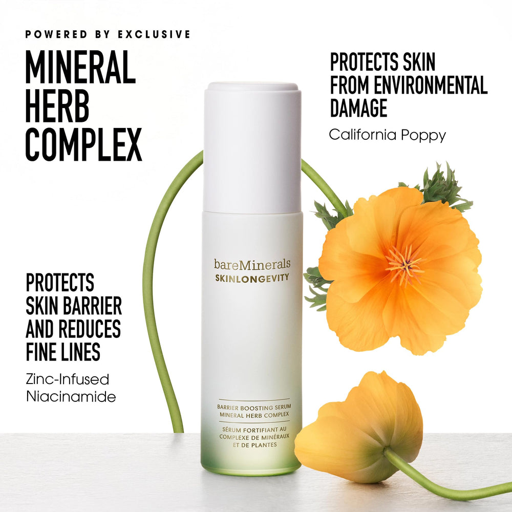 bareMinerals label close-up listing Mineral Herb Complex and niacinamide for ingredient clarity
