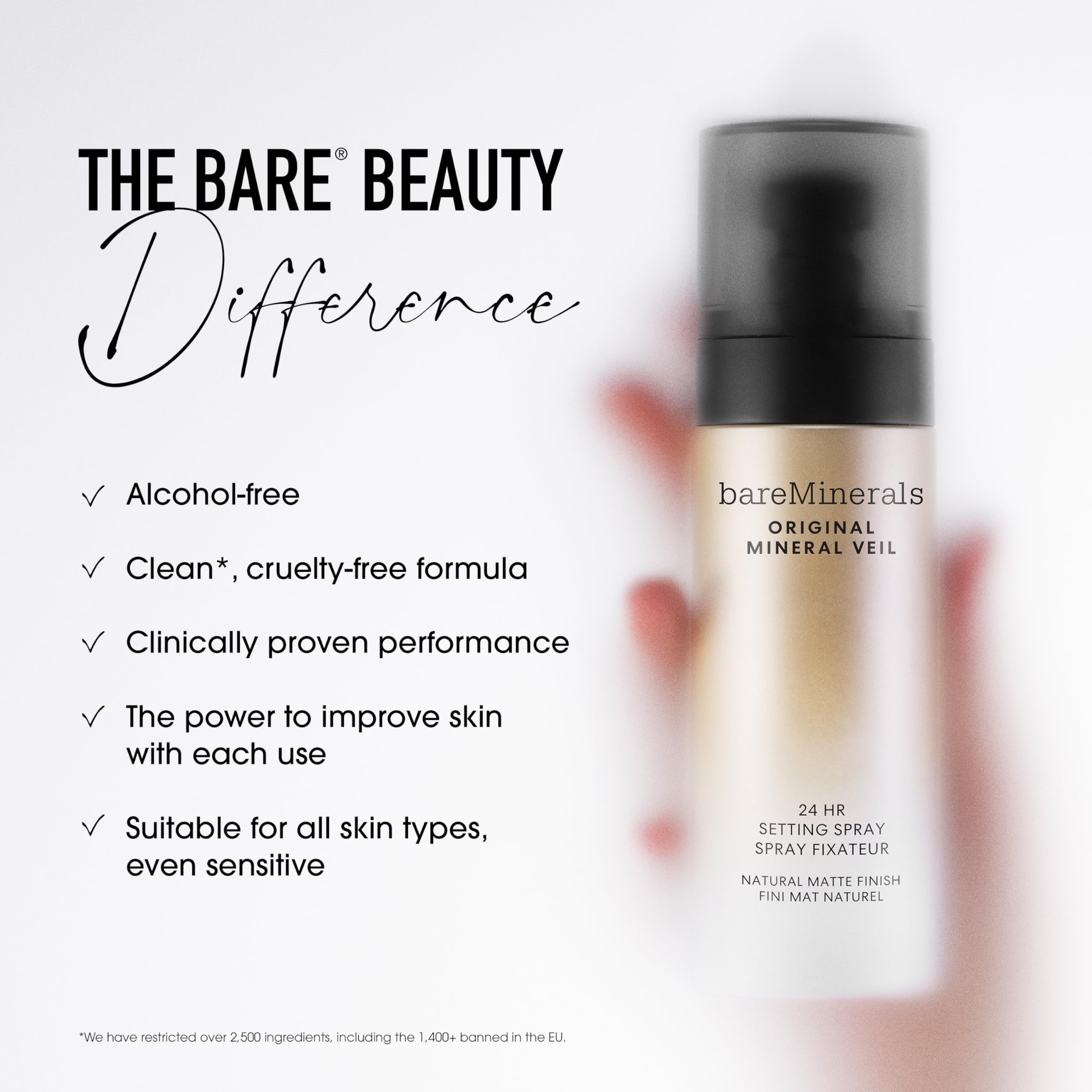 bareMinerals spray over finished makeup showing set-and-hold benefit
