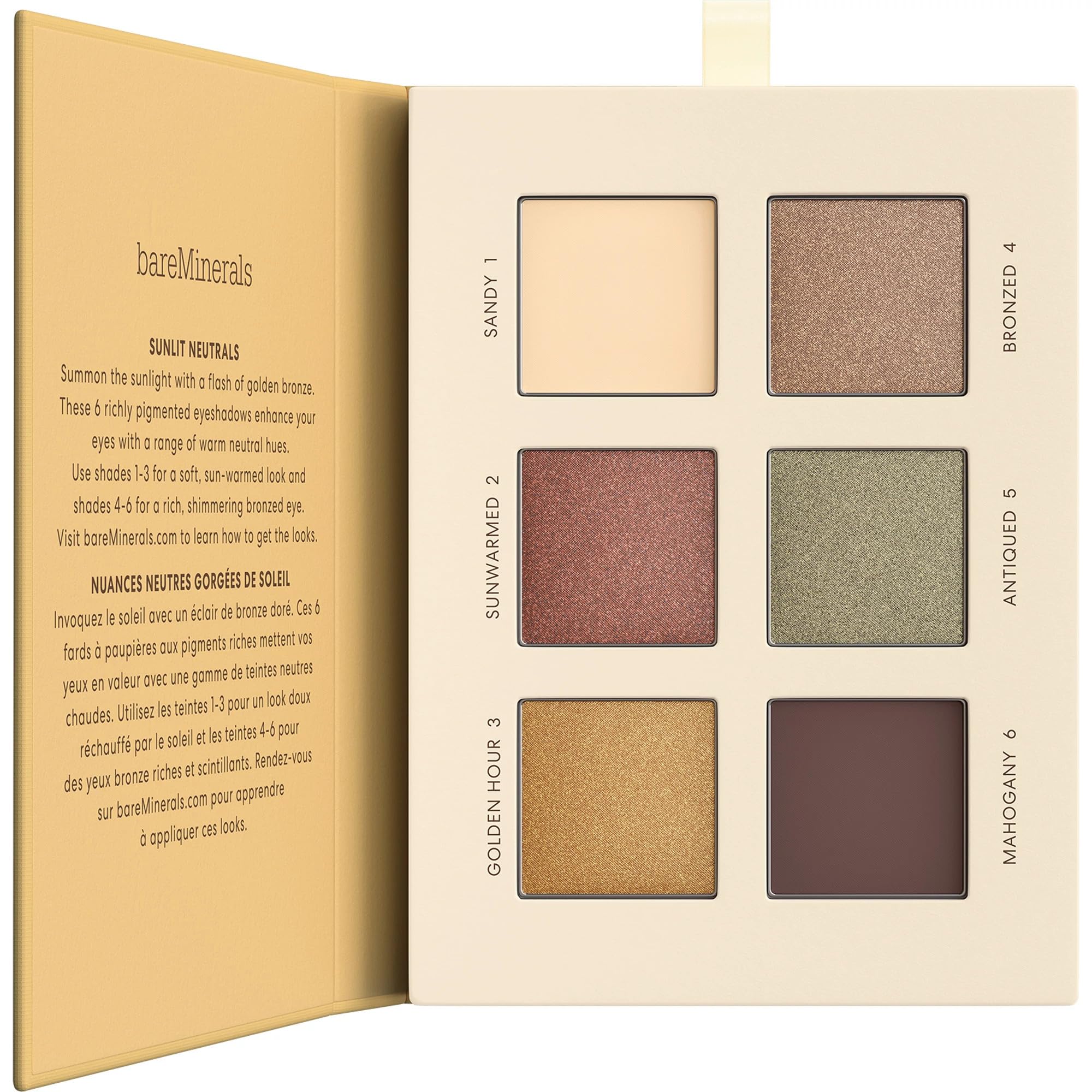 bareMinerals open Sunlit palette showing six shades and layout benefit portability