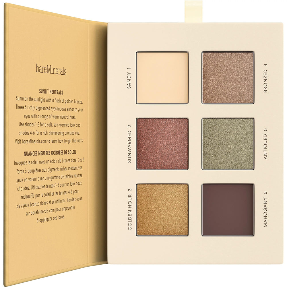 bareMinerals open Sunlit palette showing six shades and layout benefit portability