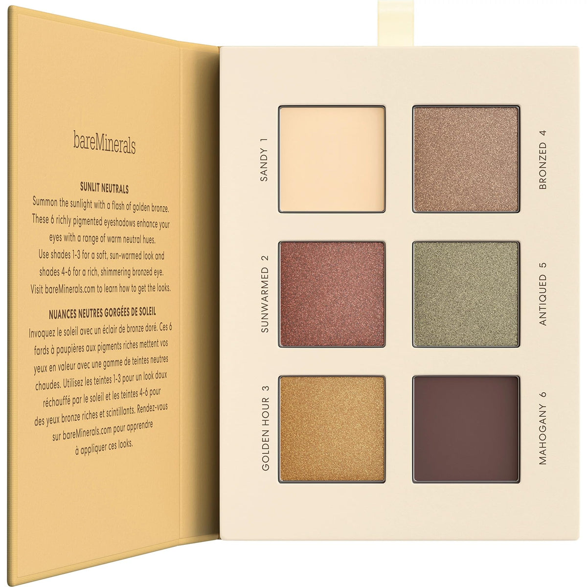 bareMinerals open Sunlit palette showing six shades and layout benefit portability