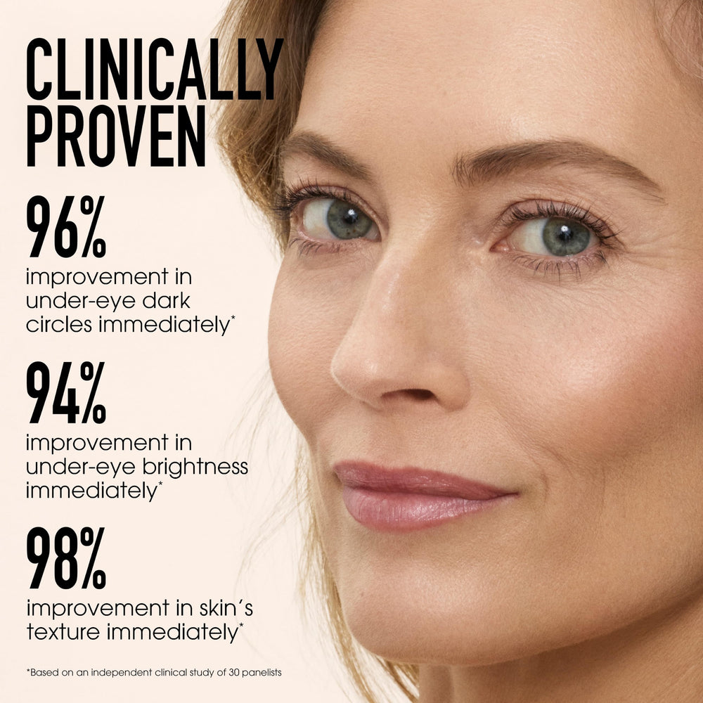 bareMinerals applying pen under eye with fingertip, instantly hydrated and brightened