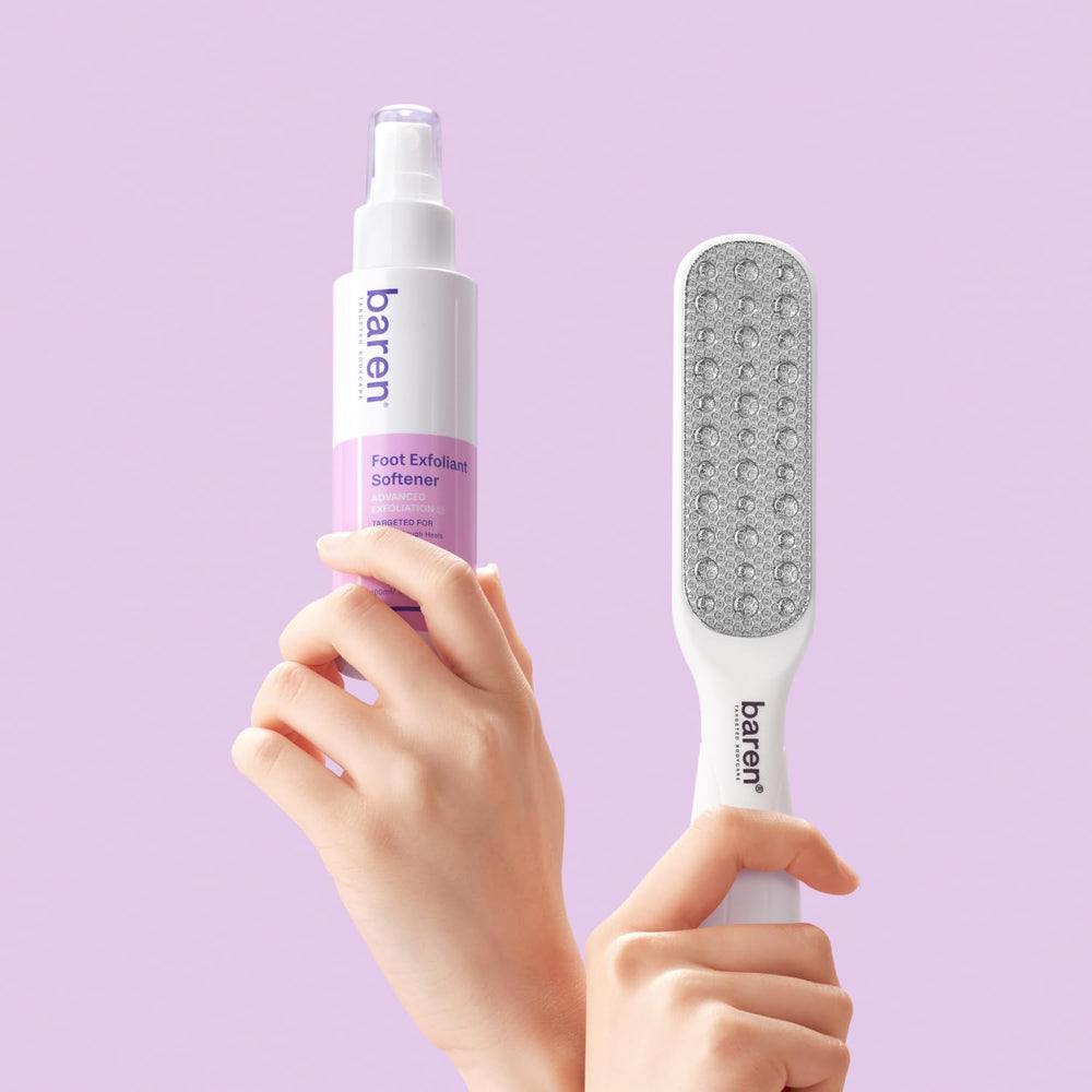 Baren kit arranged on bathroom vanity suggesting at-home pedicure