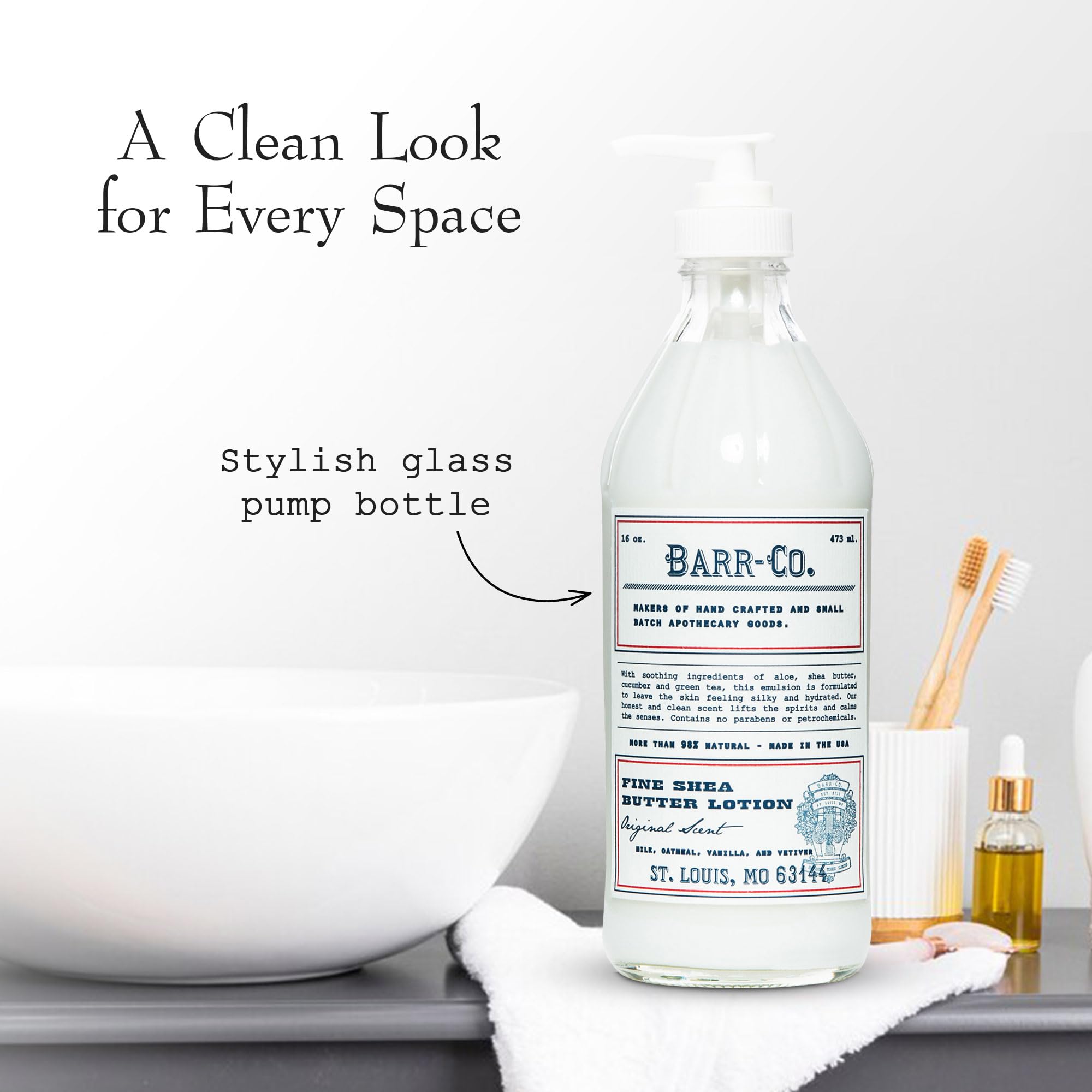 BARR-CO bottle in bathroom setting as stylish decor and practical moisturizer