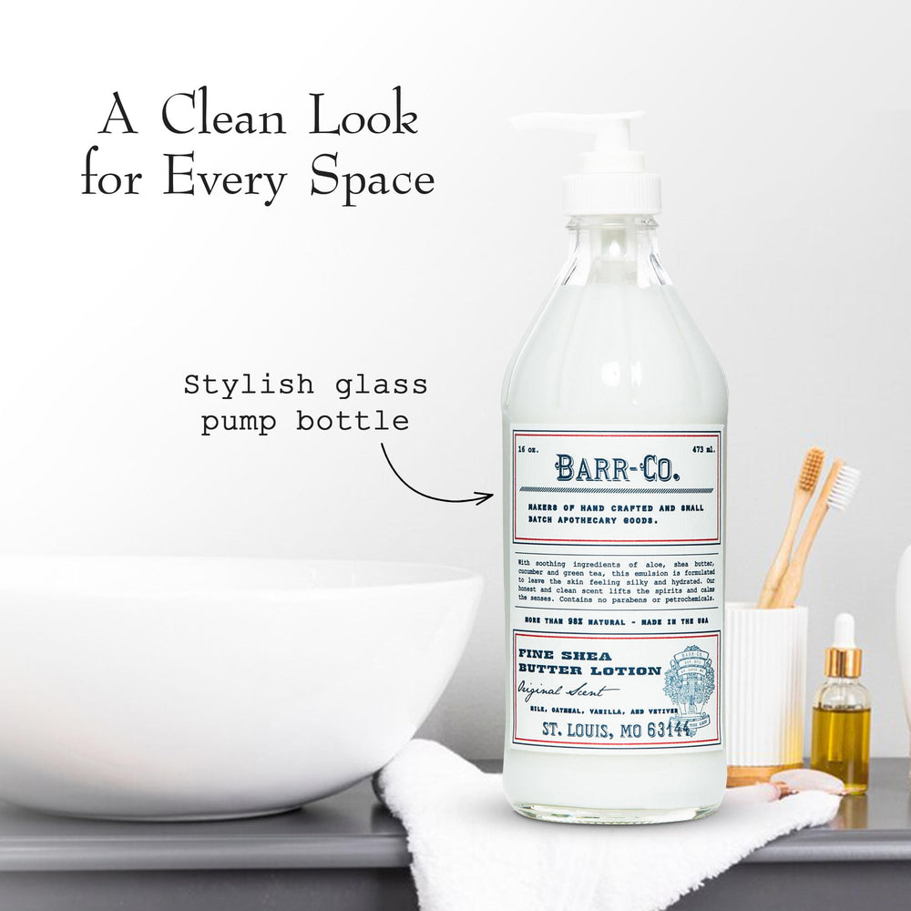 BARR-CO bottle in bathroom setting as stylish decor and practical moisturizer