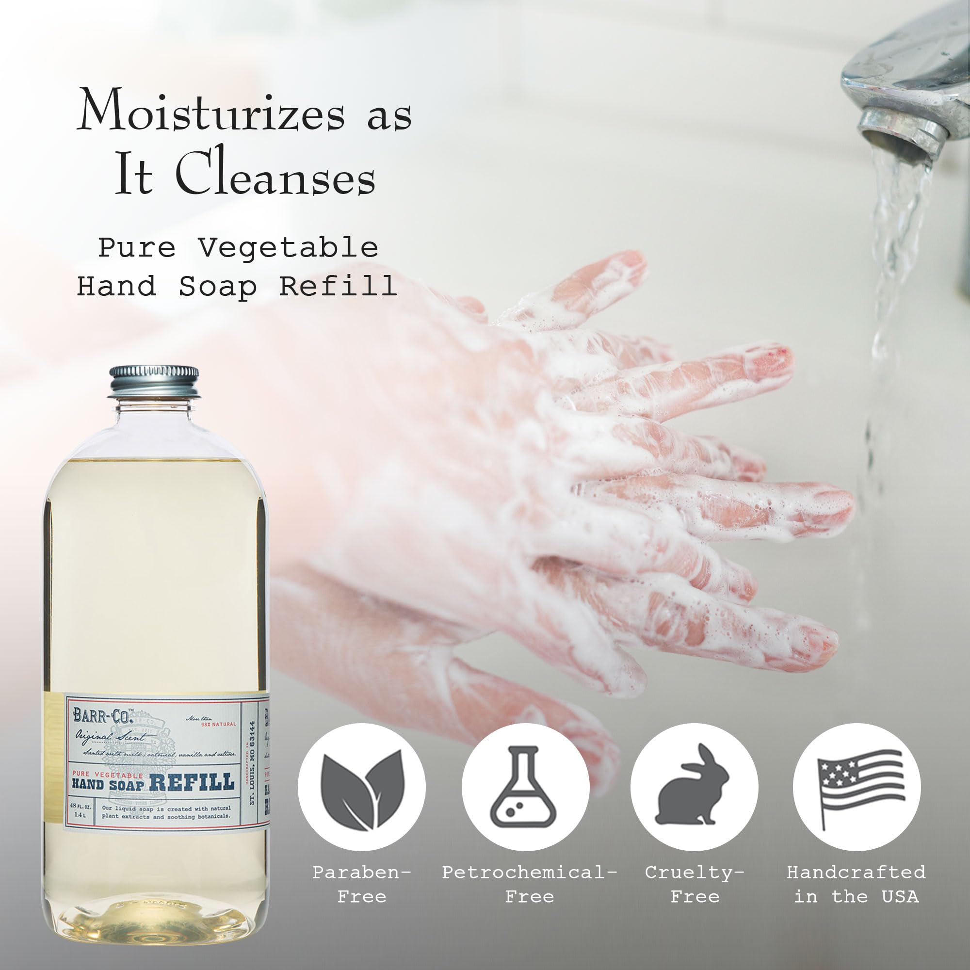 BARR-CO pouring refill into dispenser for easy, mess-free use
