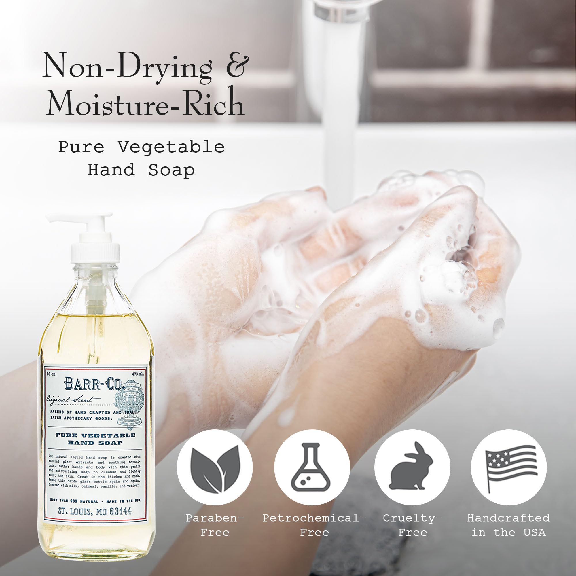 BARR-CO pump dispensing creamy foam onto hands, provides gentle cleansing