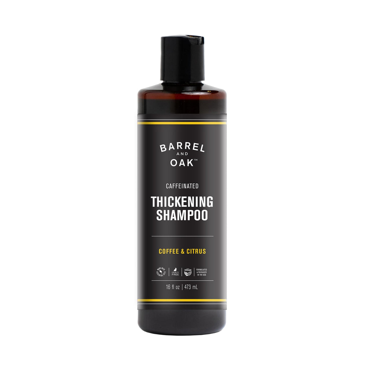 Barrel & Oak front bottle showing coffee and citrus branding and benefit of thicker-looking hair