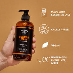 Barrel & Oak bottle on shower shelf illustrating everyday grooming convenience