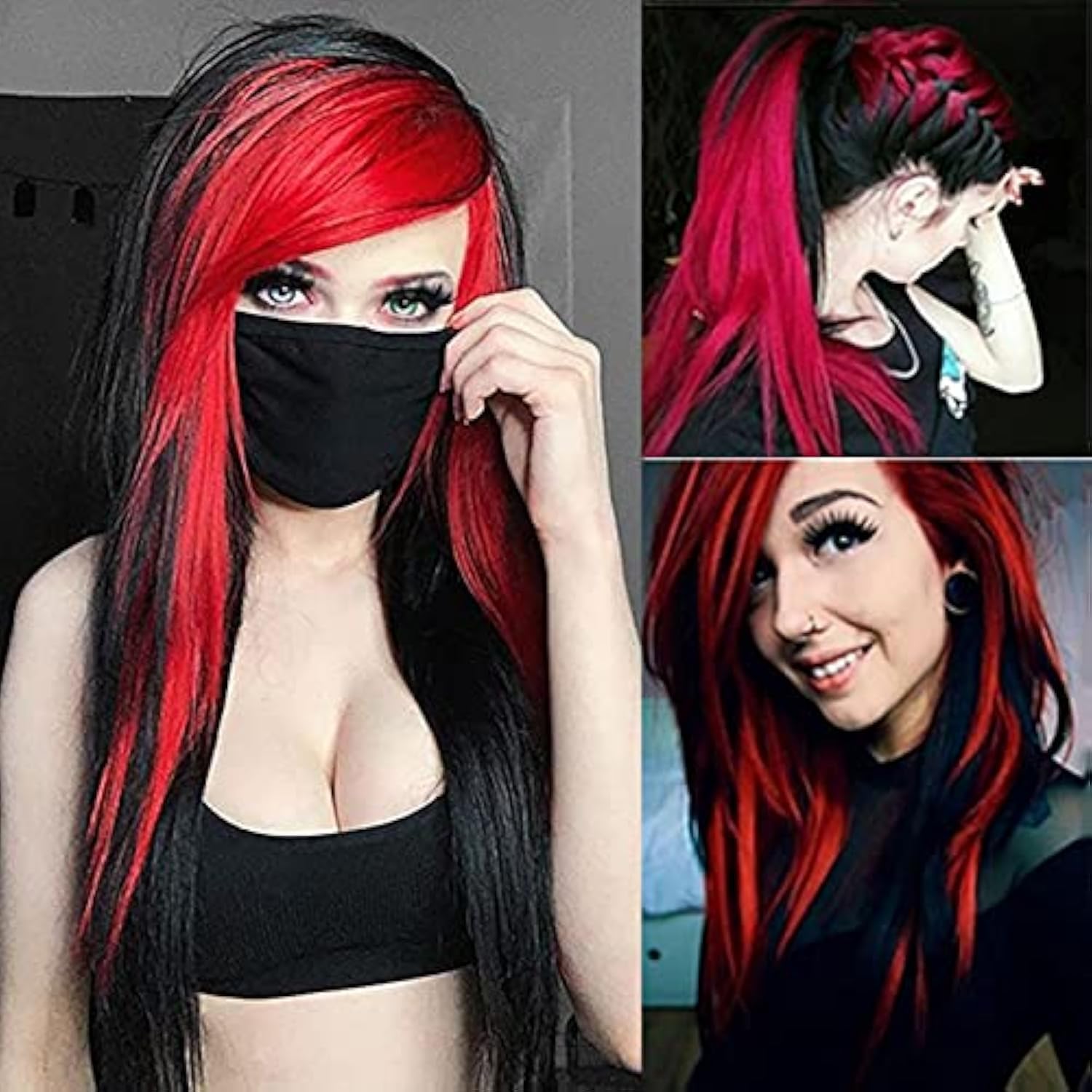 Baruisi front view red and black wig showing bold color contrast and instant style