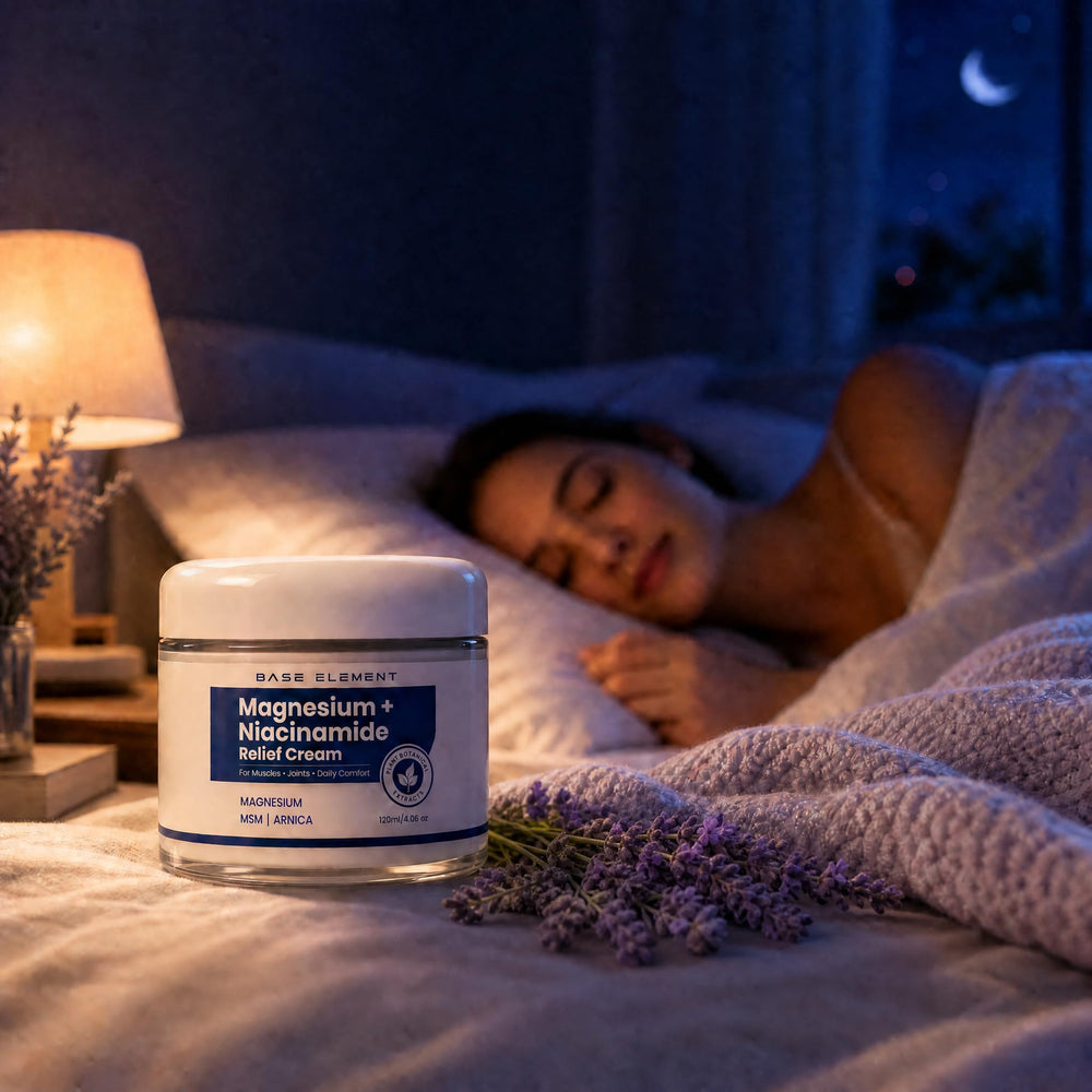 BASE ELEMENT tube on bedside table evoking calming nighttime routine for relaxation