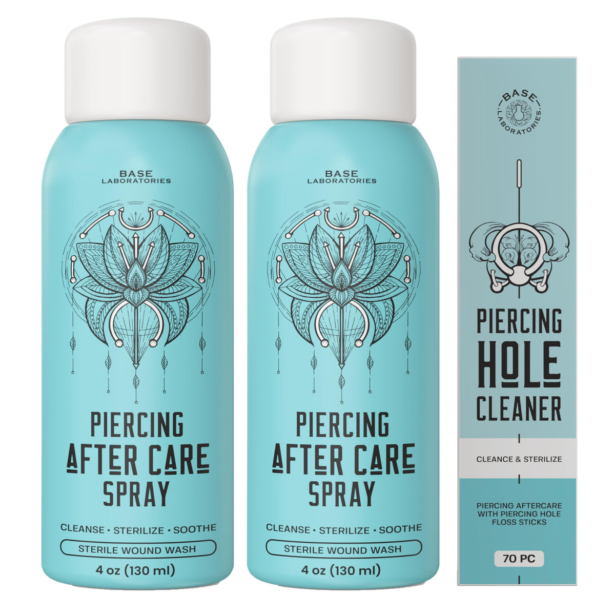 BASE LABORATORIES front packaging showing spray kit and benefits