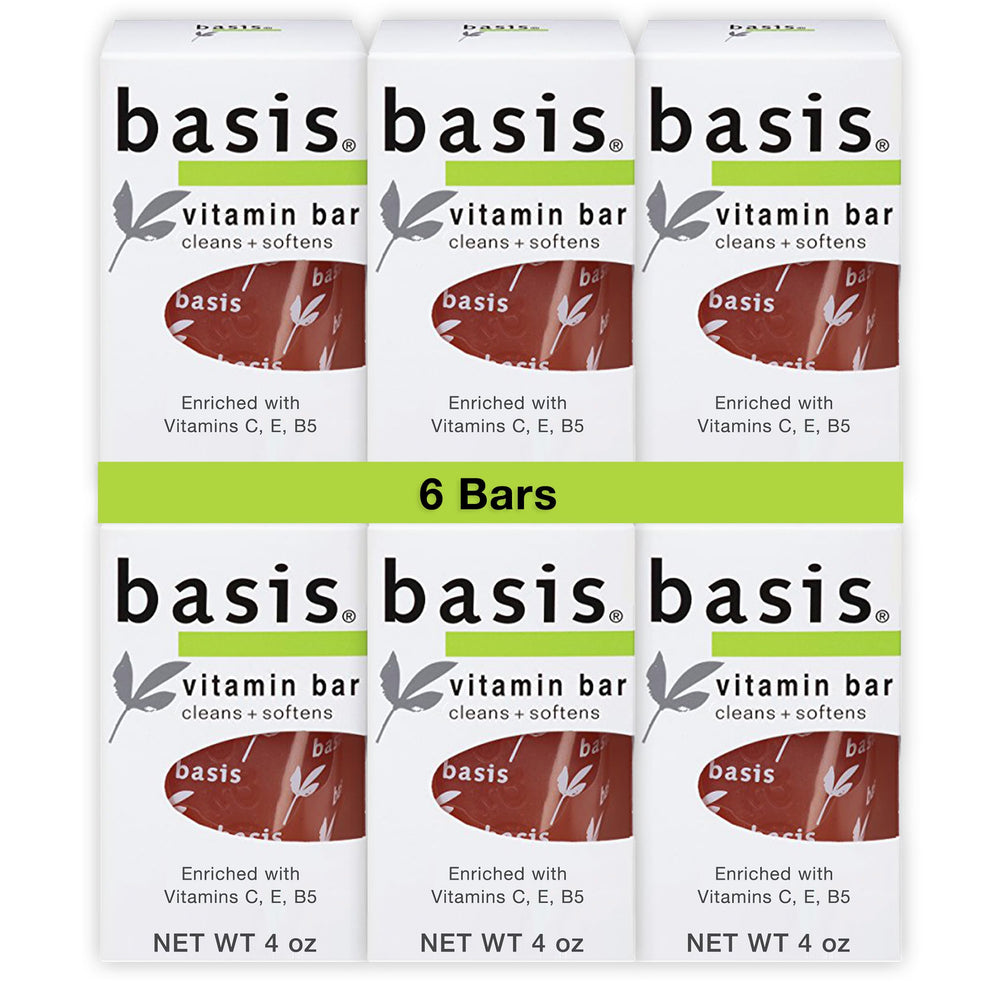 Basis front packaging showing six 4 oz vitamin soap bars and benefits