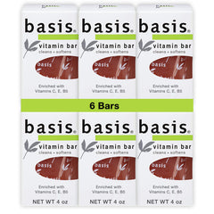 Basis front packaging showing six 4 oz vitamin soap bars and benefits