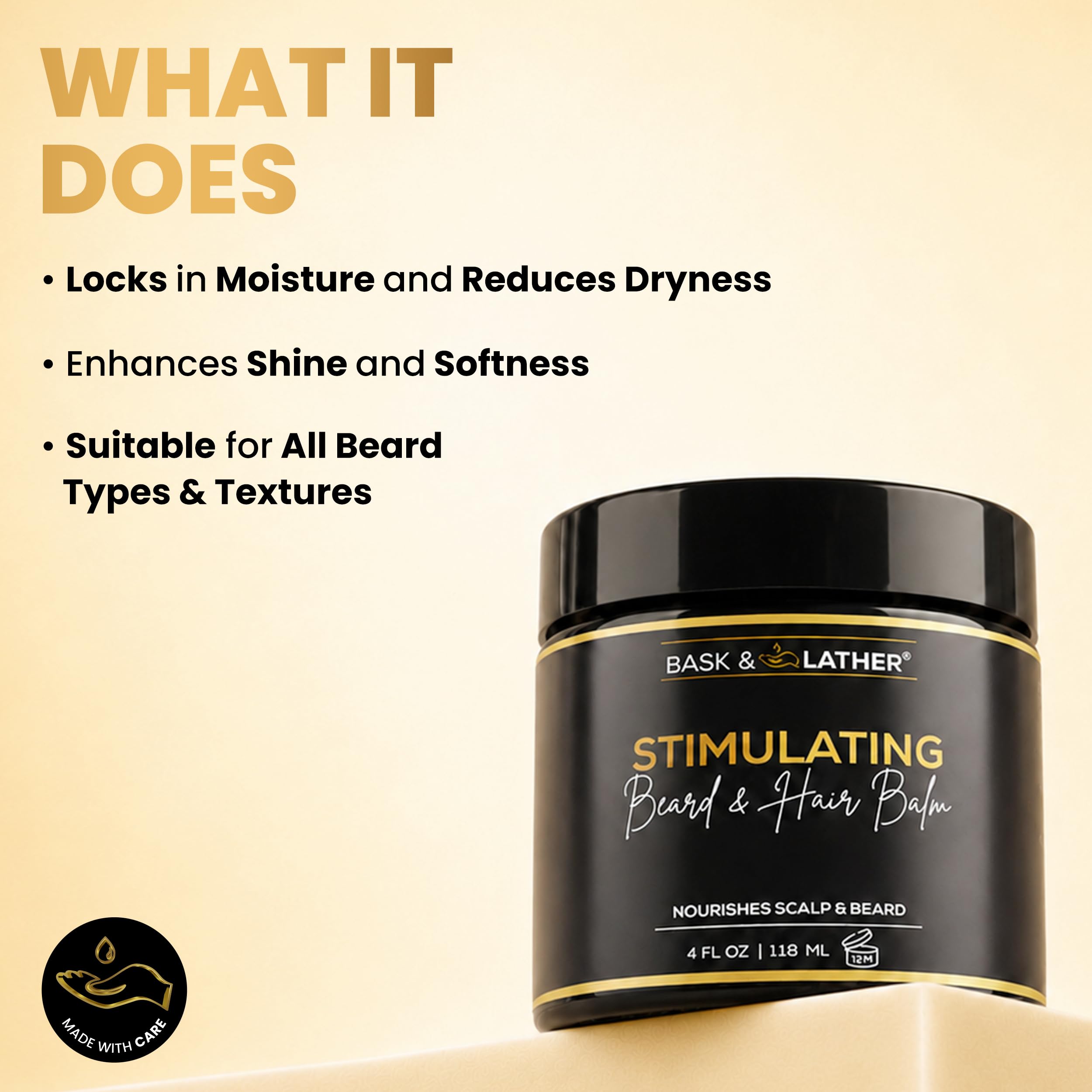 BASK & LATHER label close-up highlighting ingredients and calming scalp support