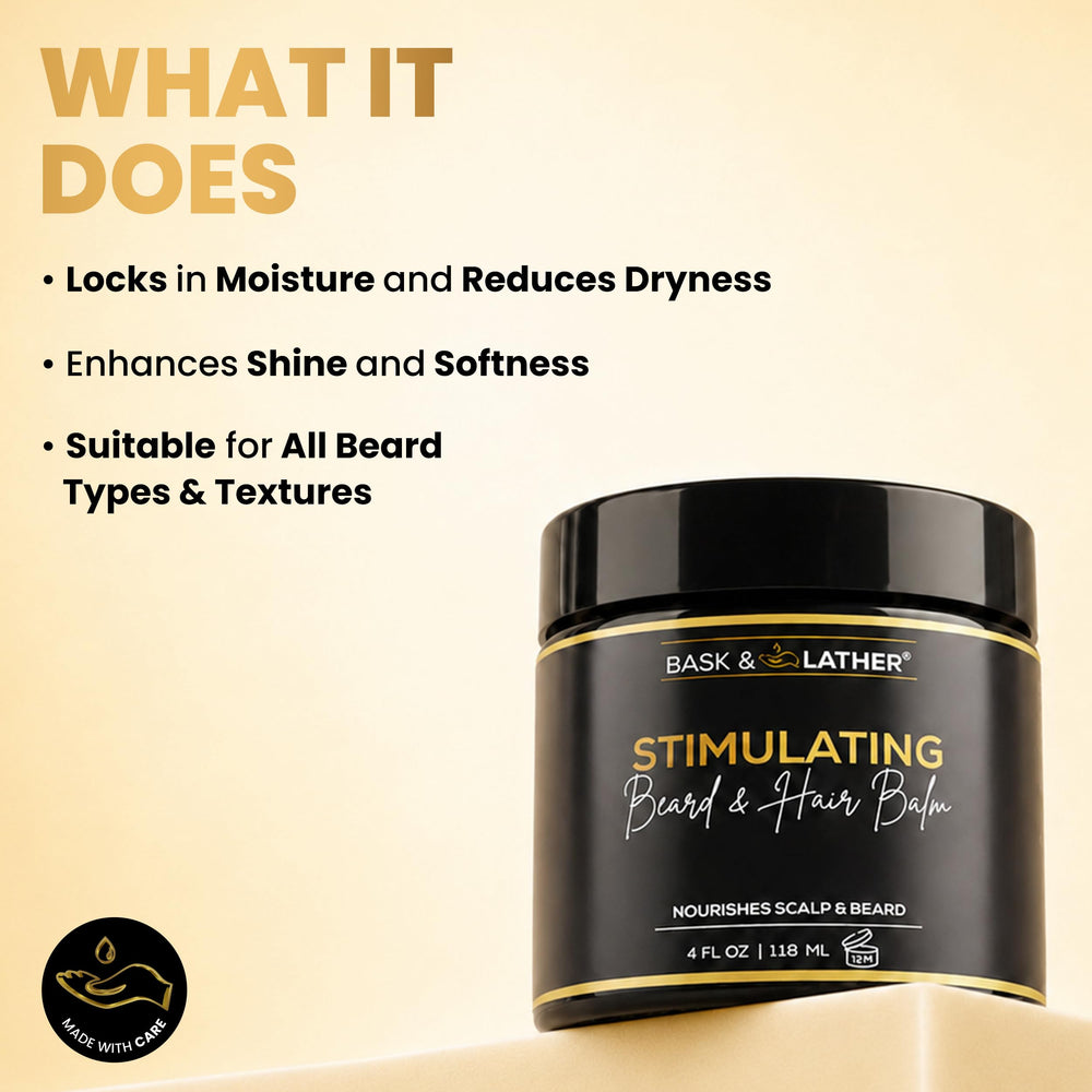 BASK & LATHER label close-up highlighting ingredients and calming scalp support