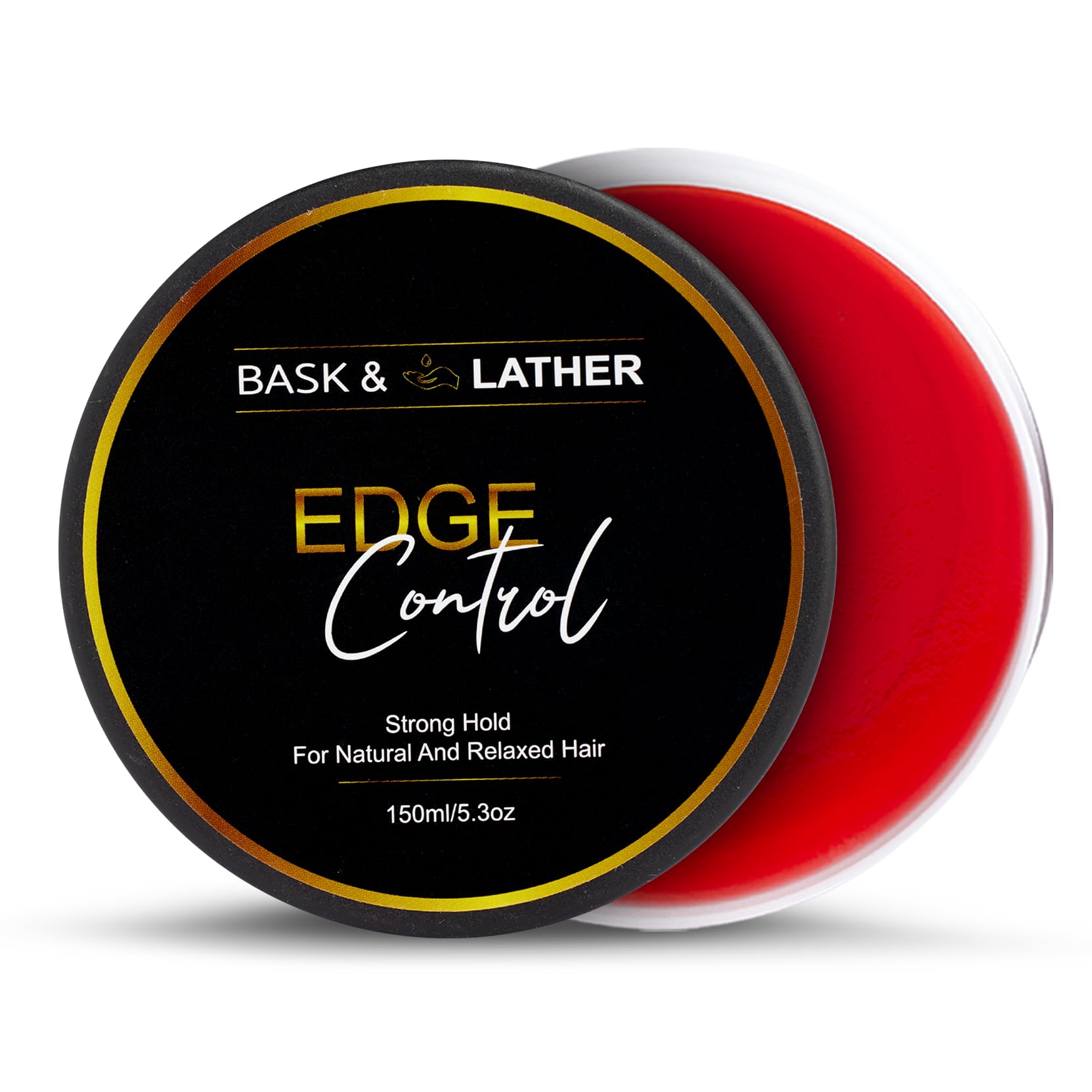 BASK & LATHER front jar view showing packaging and strong hold benefit