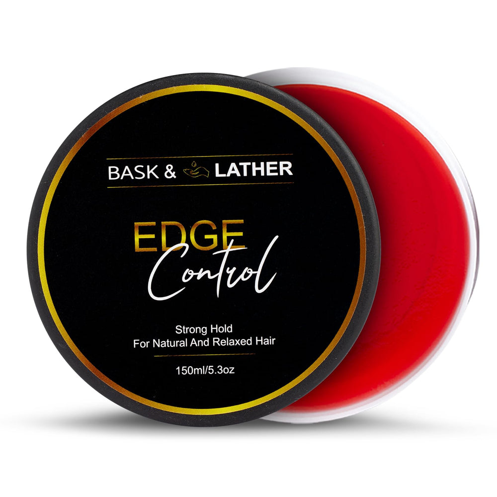 BASK & LATHER front jar view showing packaging and strong hold benefit