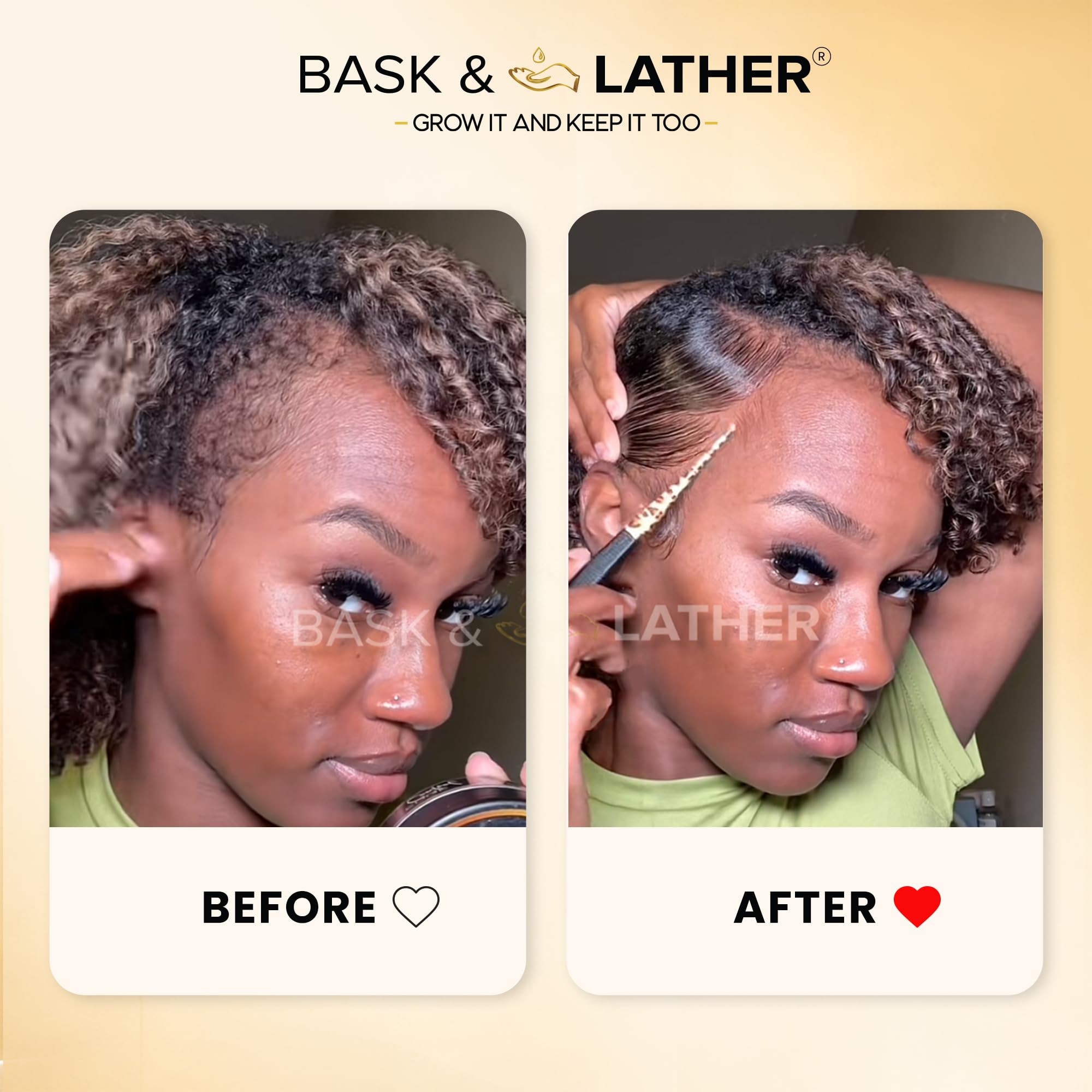 BASK & LATHER slick-back hairstyle lifestyle shot showing polished, frizz-free look
