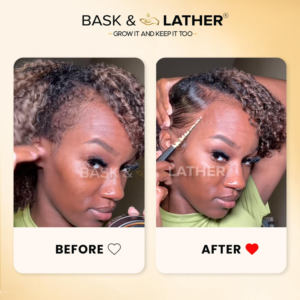 BASK & LATHER slick-back hairstyle lifestyle shot showing polished, frizz-free look