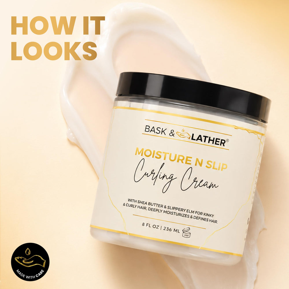 BASK & LATHER scrunch applied with fingers to enhance curl definition and added bounce