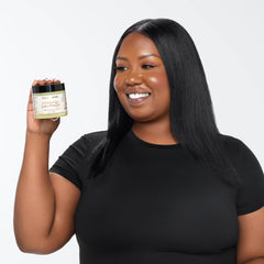 BASK & LATHER smoothed through damp hair ends showing reduced frizz and added shine benefit