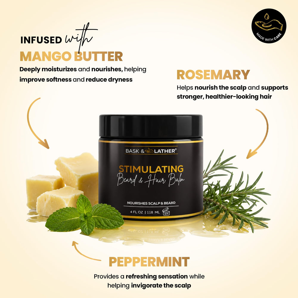 BASK & LATHER open balm texture revealing creamy mango and shea butter consistency