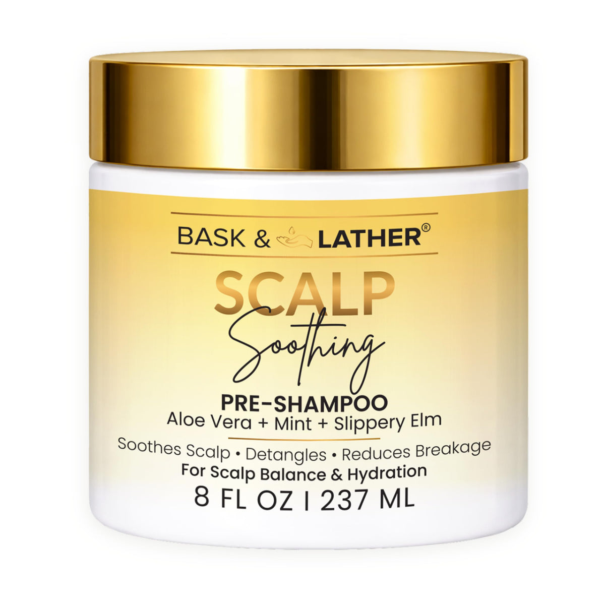 BASK & LATHER front packaging showing product benefits and size