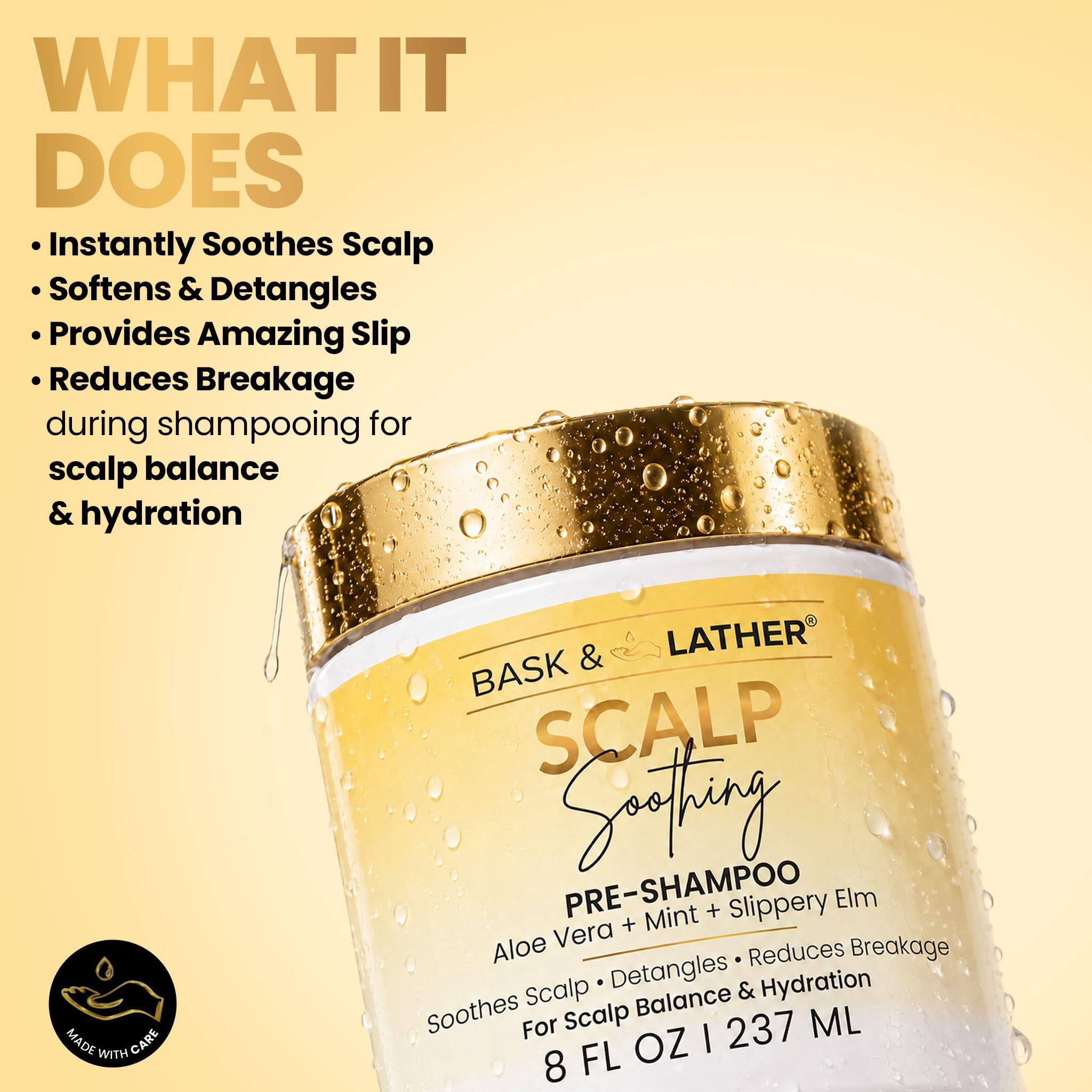 BASK & LATHER pumped pre-shampoo gel demonstrating easy dispensing