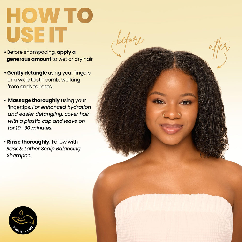 BASK & LATHER applying jelly to scalp by hand for soothing comfort