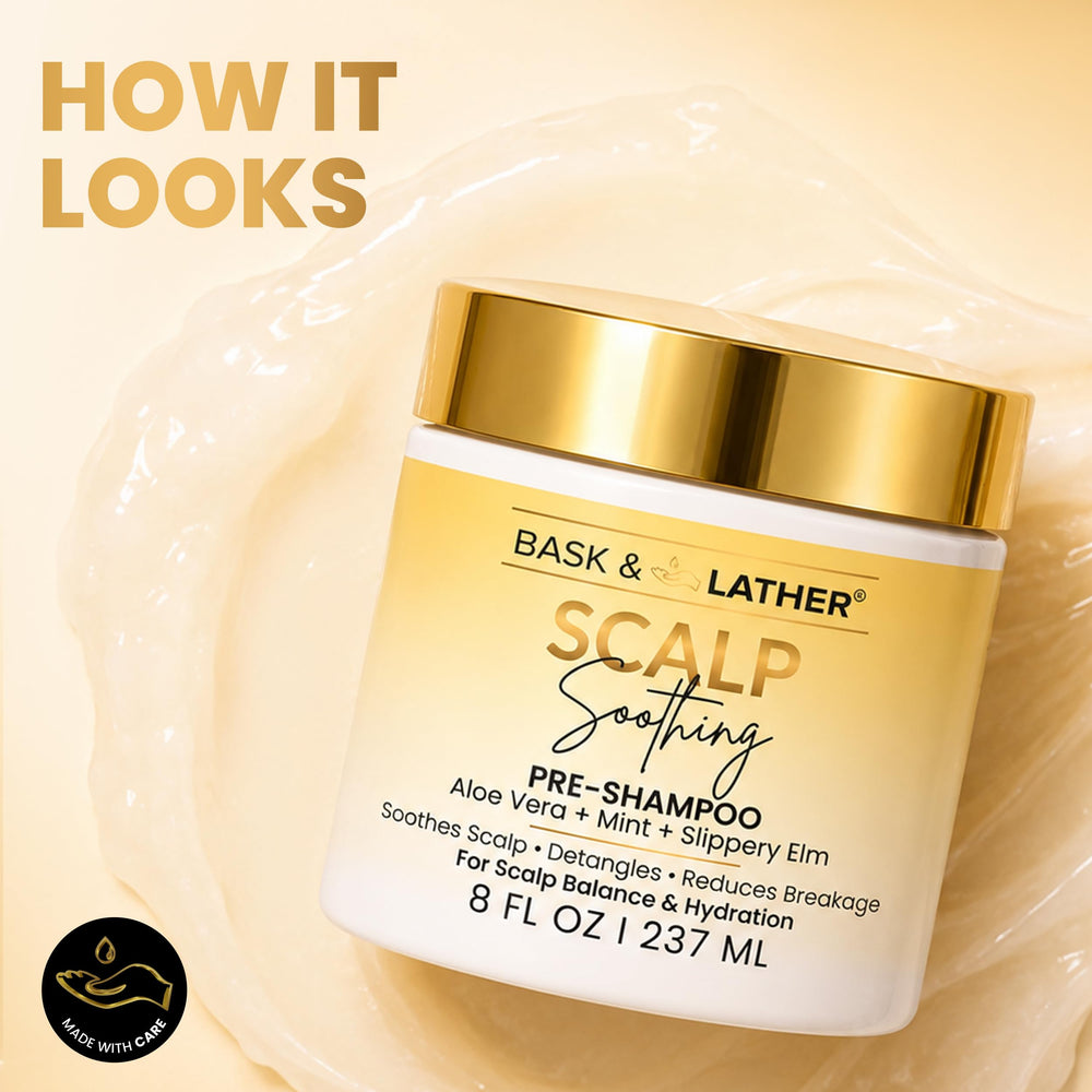 BASK & LATHER bottle in hand to show 8 fl oz scale and portability